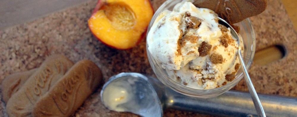 buttermilk ice cream with honey baked nectarines and biscoff cookie crumbs