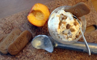 buttermilk ice cream with honey baked nectarines and biscoff cookie crumbs